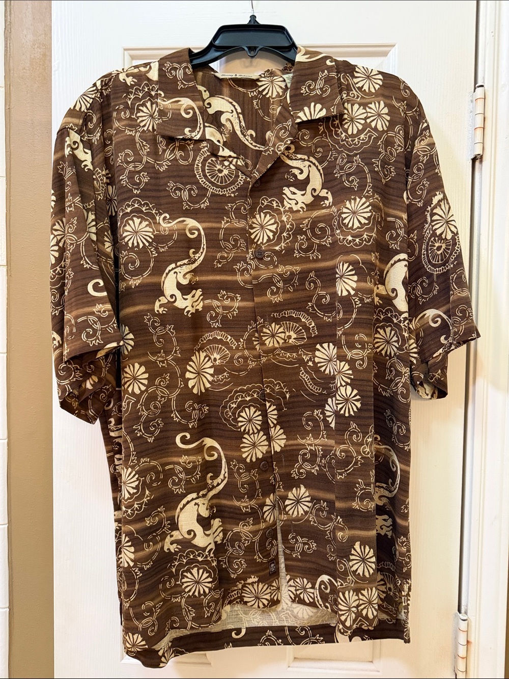 Tommy Bahama Brown and Cream Floral-Print Short Sleeve Button Shirt